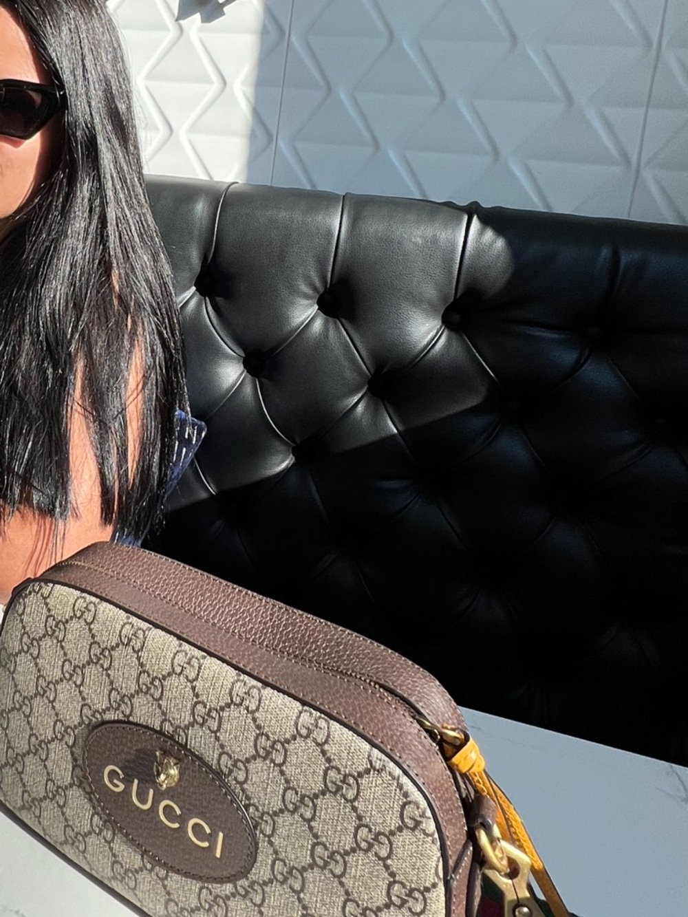 Gucci Beige Brown GG Monogram Crossbody with Gold Accents